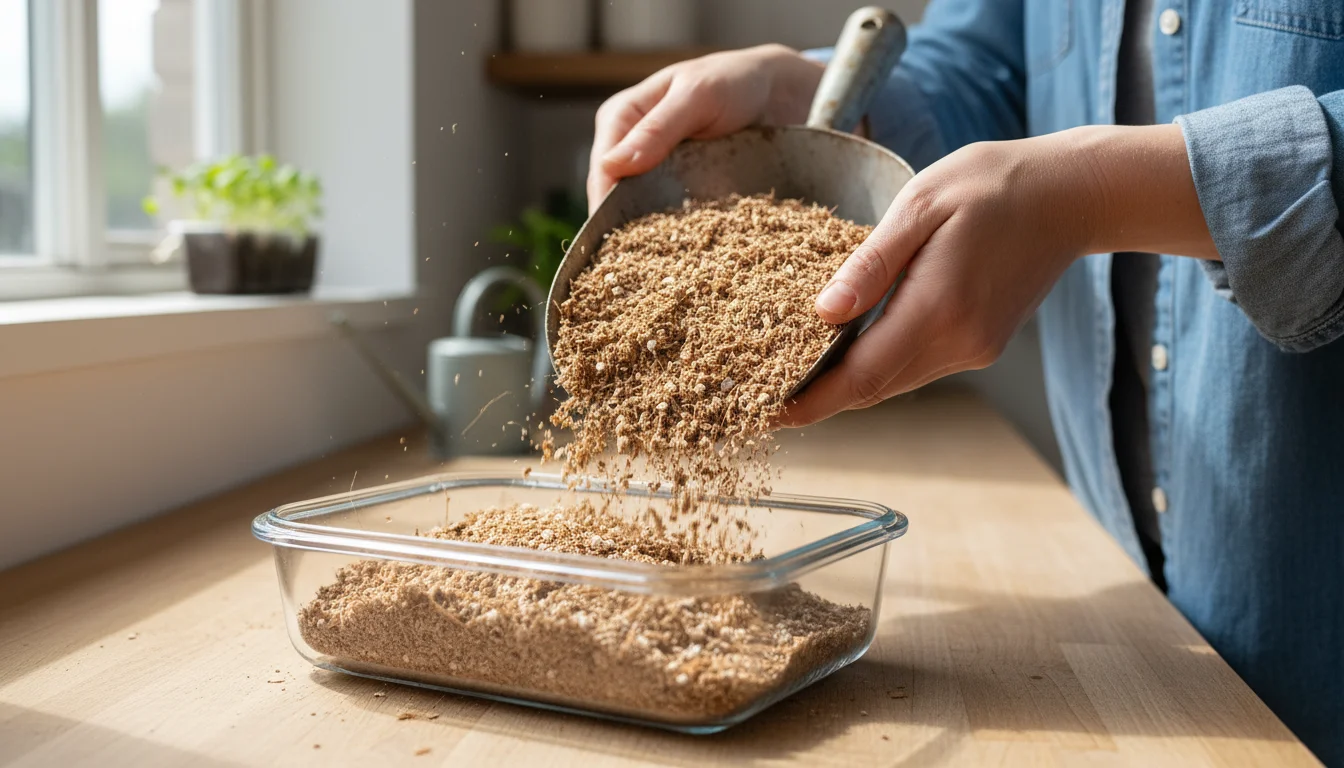 Hands scooping fluffy, light-brown peat-free seed starting mix into a clear repurposed container for microgreens.