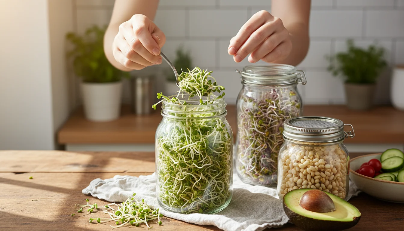 Overhead view of hands scooping fresh alfalfa sprouts from a glass jar on a wooden counter, next to other sprout jars and a discarded plastic containe