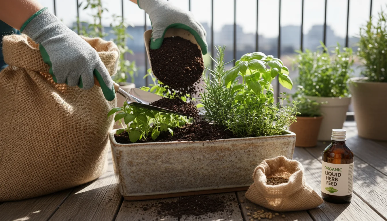 Hands scooping fresh compost into a balcony herb planter with fertilizer and tools, illustrating container plant care.