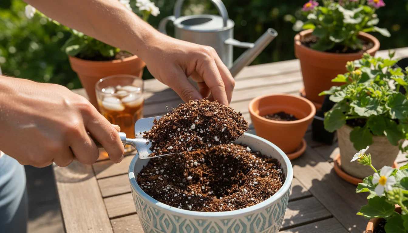 Hands scooping a light, airy potting mix with visible perlite and coco coir into a glazed pot on a sunny patio table.