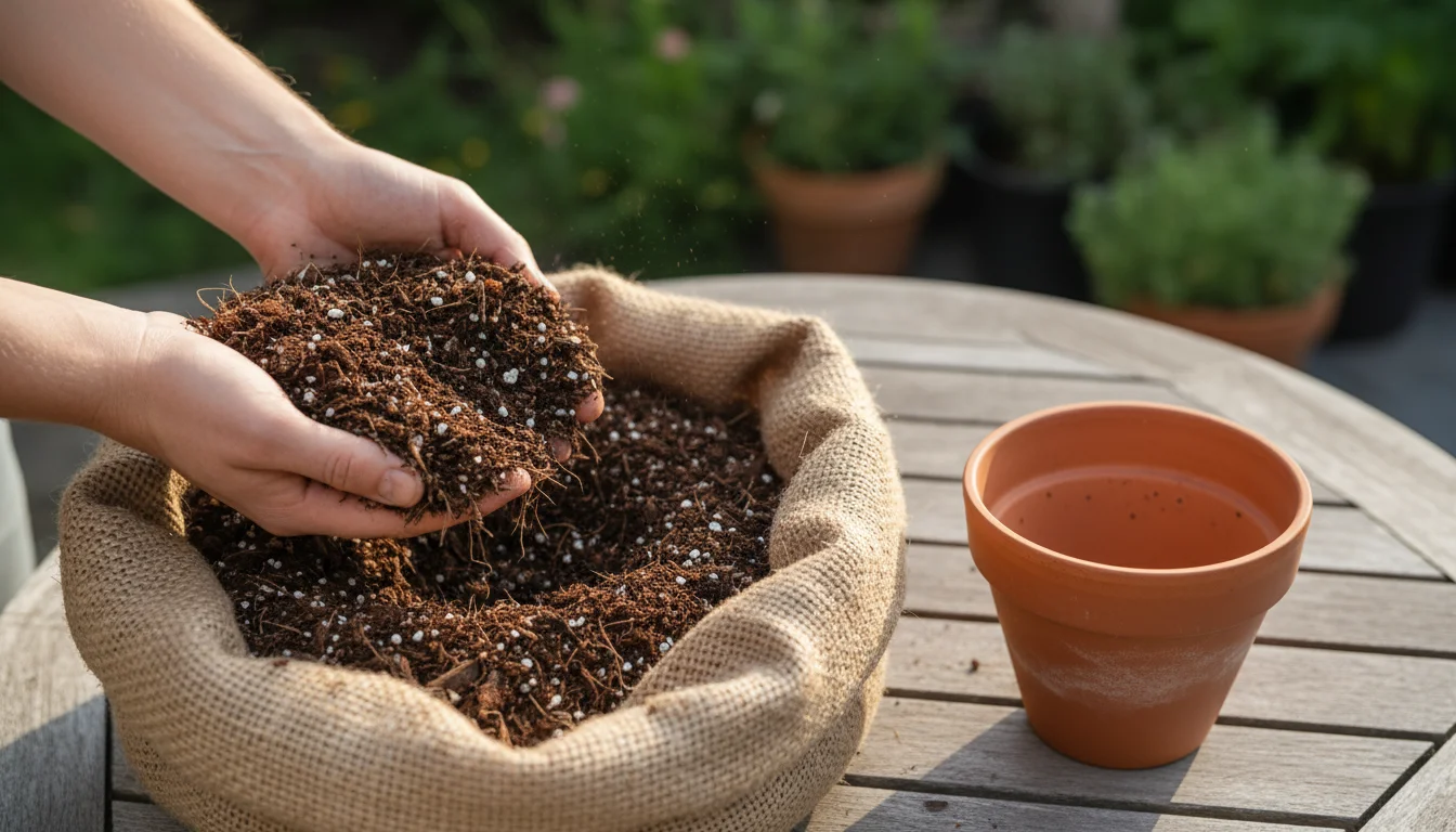 Hands scooping light, fluffy potting mix containing coco coir and perlite, next to an empty terracotta pot on a wooden patio table.