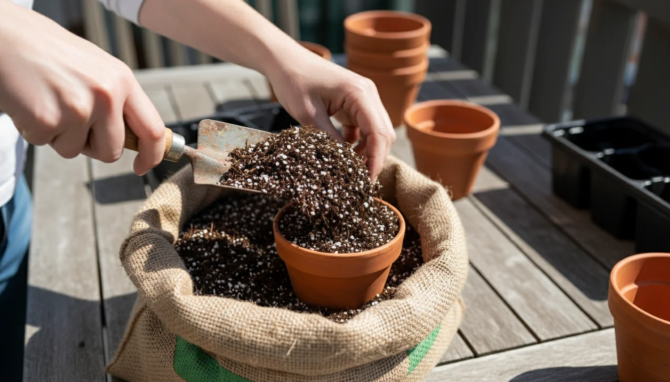 Close-up of hands scooping light, peat-free potting mix with perlite and coco coir into a terracotta pot on a wooden table.