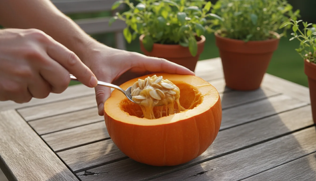 Hands carefully scooping raw pumpkin seeds and pulp from a small pumpkin half on a rustic wooden patio table.