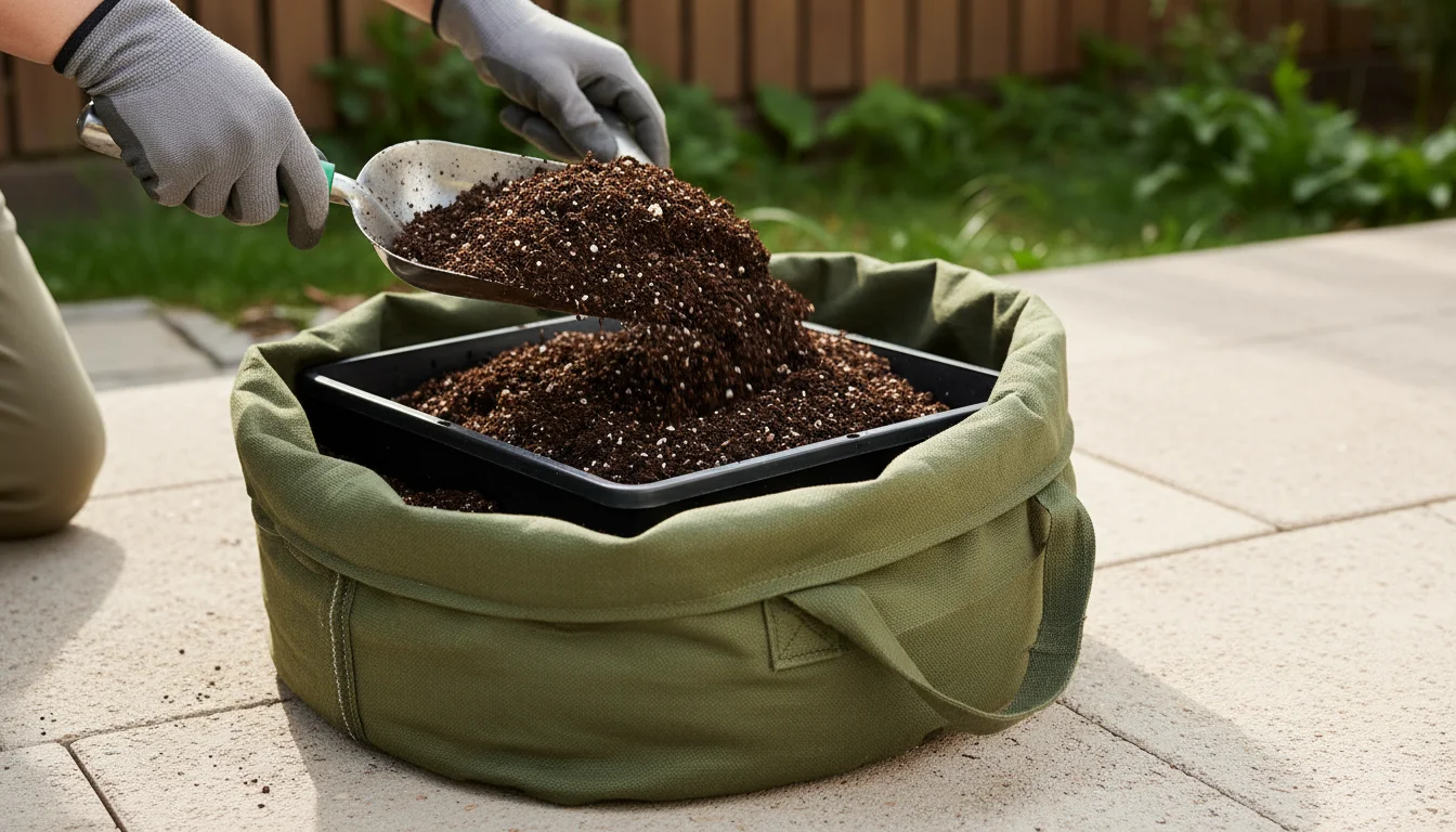 Hands scooping refreshed potting mix from a sifting tray into a large fabric storage bag on a patio, ready for fall storage.