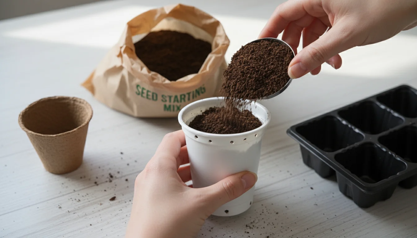 Hands scooping seed-starting mix into a recycled yogurt cup with drainage holes, surrounded by small pots and a bag of soil on a table.