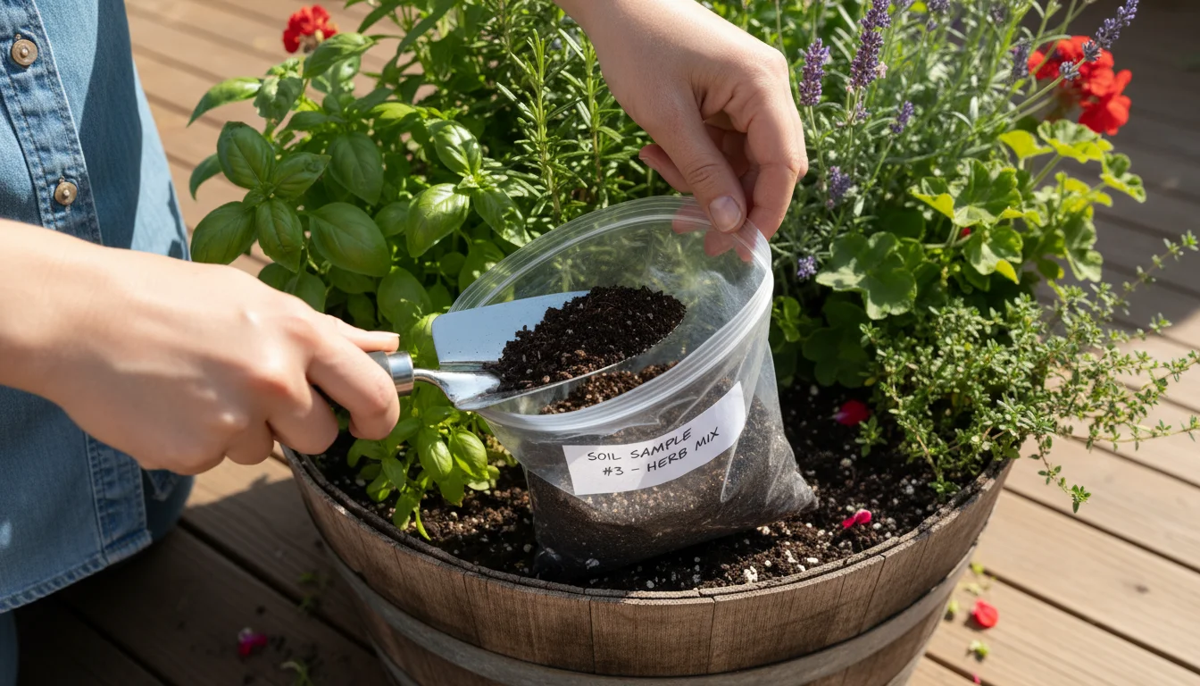 Close-up of hands carefully scooping soil from a large patio container into a mail-in test kit bag on a sunlit balcony.