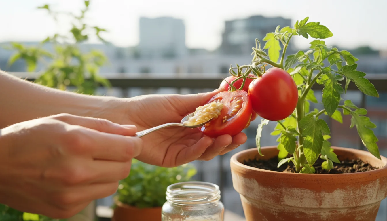 Hands scooping tomato seeds and pulp from a ripe tomato on a balcony plant into a small glass jar.