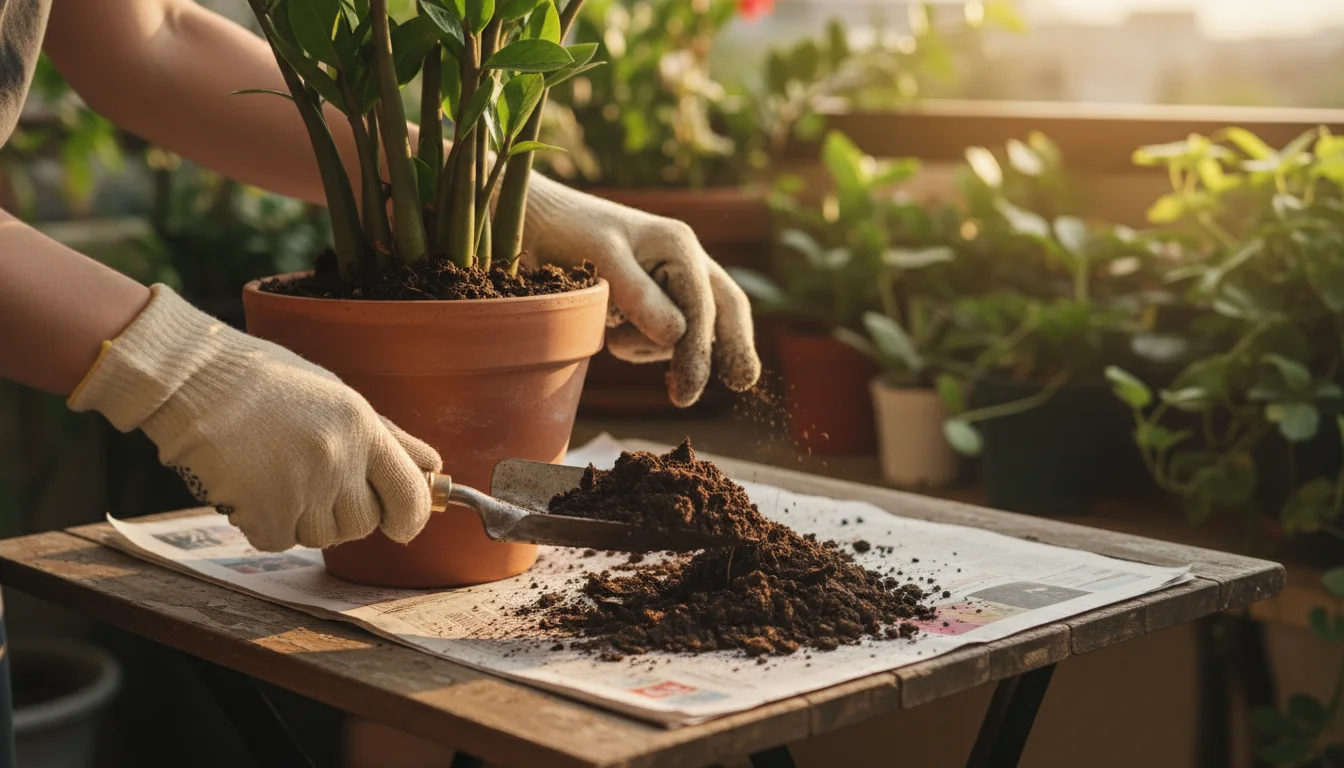 Hands gently scraping crusted topsoil from a ZZ plant in a terracotta pot with a small trowel, on newspaper.