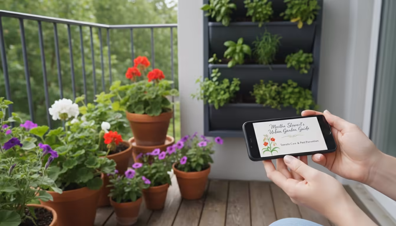Hands scrolling a smartphone with gardening tips, framed by lush container plants on a sun-drenched balcony, suggesting thoughtful research.