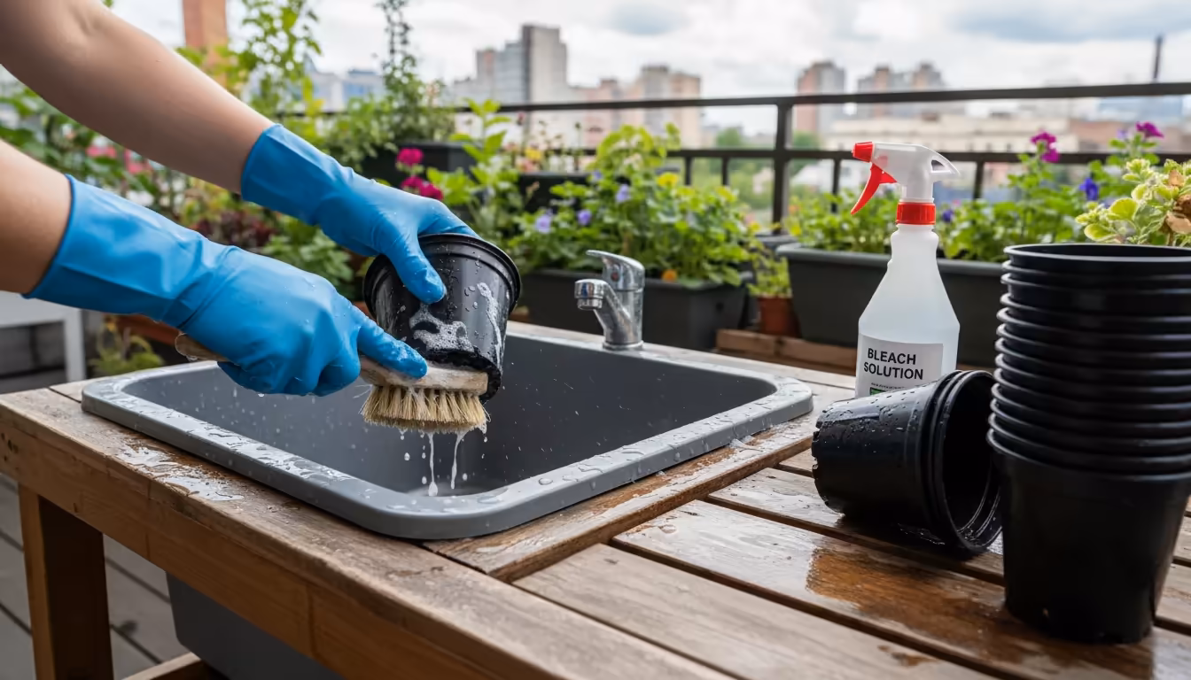 Hands scrubbing a black plastic nursery pot on an outdoor potting bench, surrounded by cleaning supplies and other recycled pots.