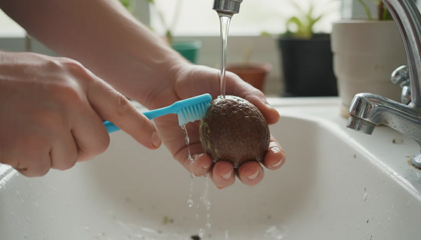 Close-up of hands gently scrubbing a dark avocado pit with a soft brush under running water in a kitchen sink.