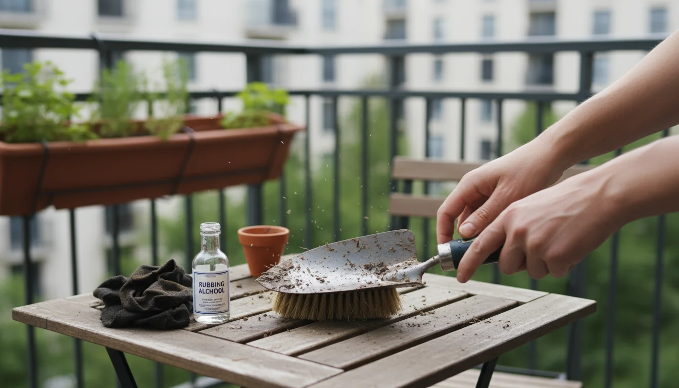 Hands scrubbing a dirty metal trowel with a brush on a wooden surface, next to an oiled rag and alcohol.