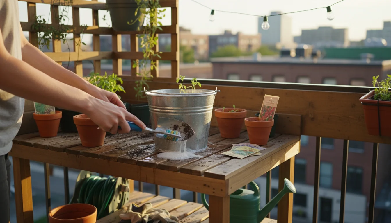 Hands scrubbing a garden trowel in soapy water on a small patio workbench, with pruners, rubbing alcohol, and container plants visible.