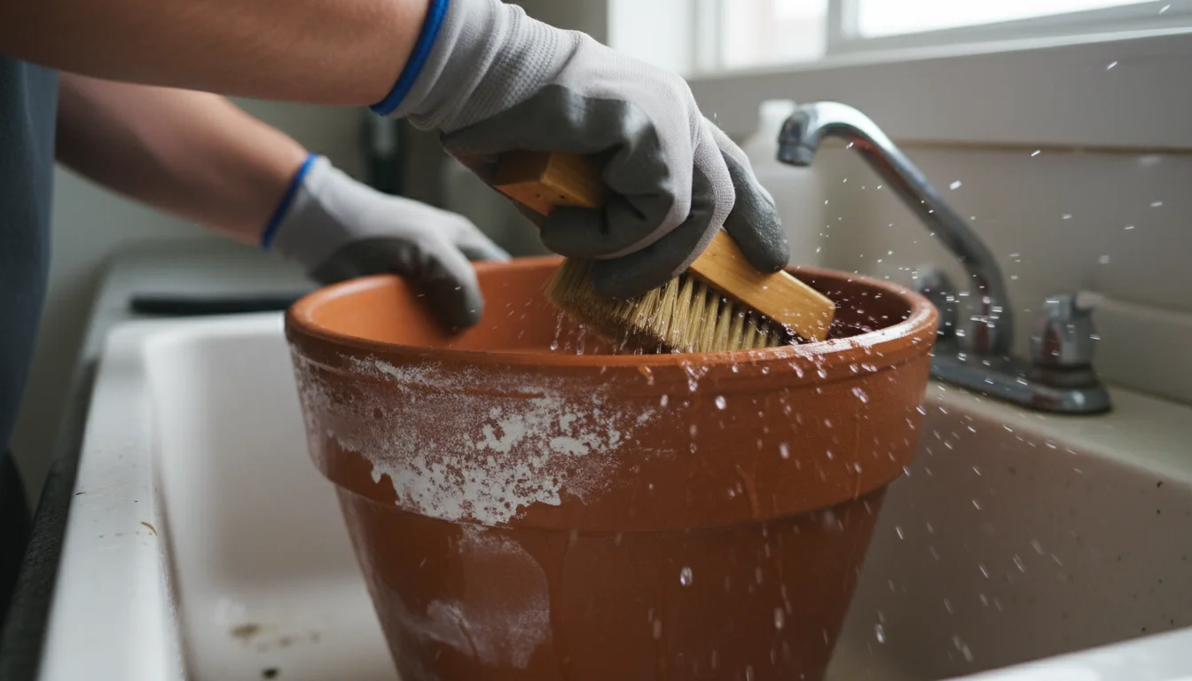 Close-up of hands scrubbing mineral buildup from a terracotta pot with a brush and water in a utility tub on a sunny balcony.