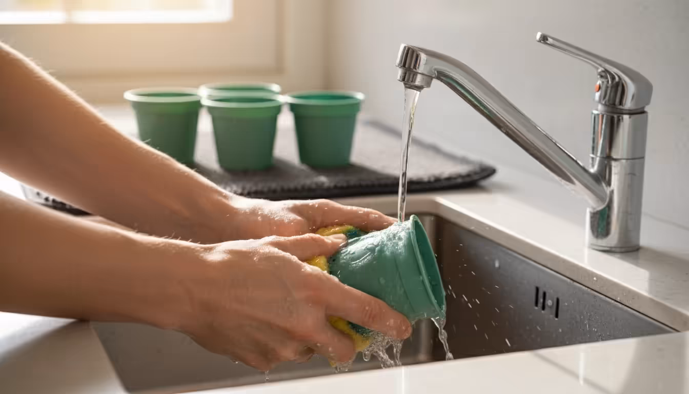 Hands scrubbing a small green plastic seed starting pot with a sponge under running water in a kitchen sink.