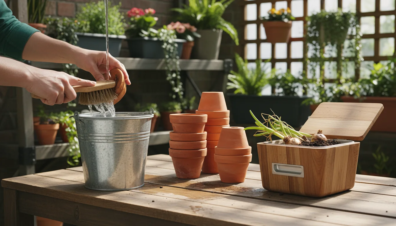 Hands scrubbing a terracotta pot with a brush and water. Clean pots stacked nearby. Compost bin with spent bulbs on a patio.