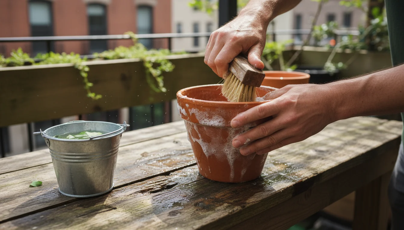 Hands scrubbing white mineral crust from a terracotta pot on a wooden bench with a brush and soapy water.