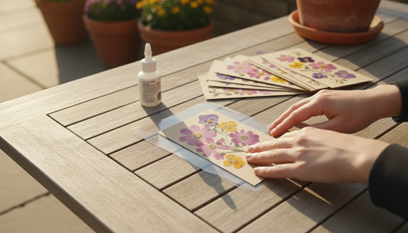 Hands carefully seal a pressed flower bookmark with clear contact paper on a rustic patio table, surrounded by crafting supplies.