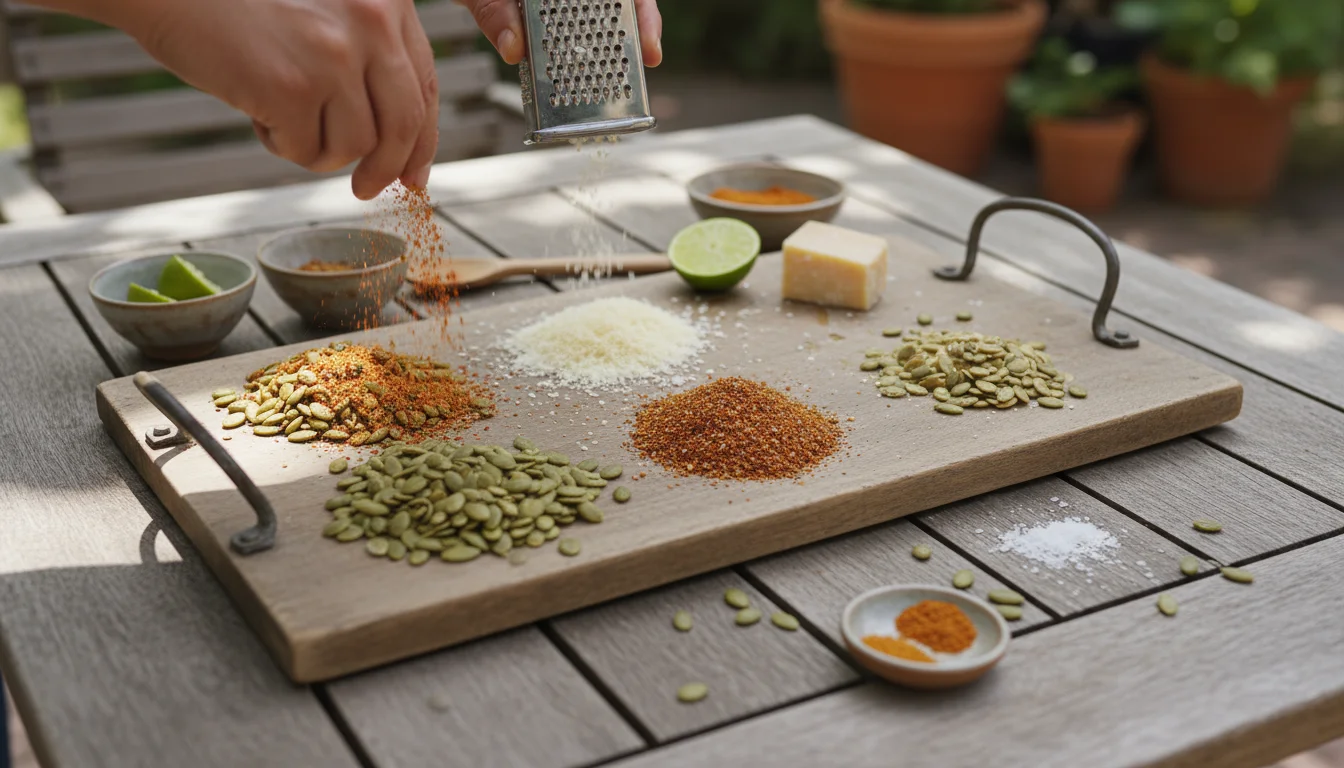 Hands seasoning raw pumpkin seeds with different spice blends like chili-lime, Parmesan, and paprika on a rustic tray on a patio table.