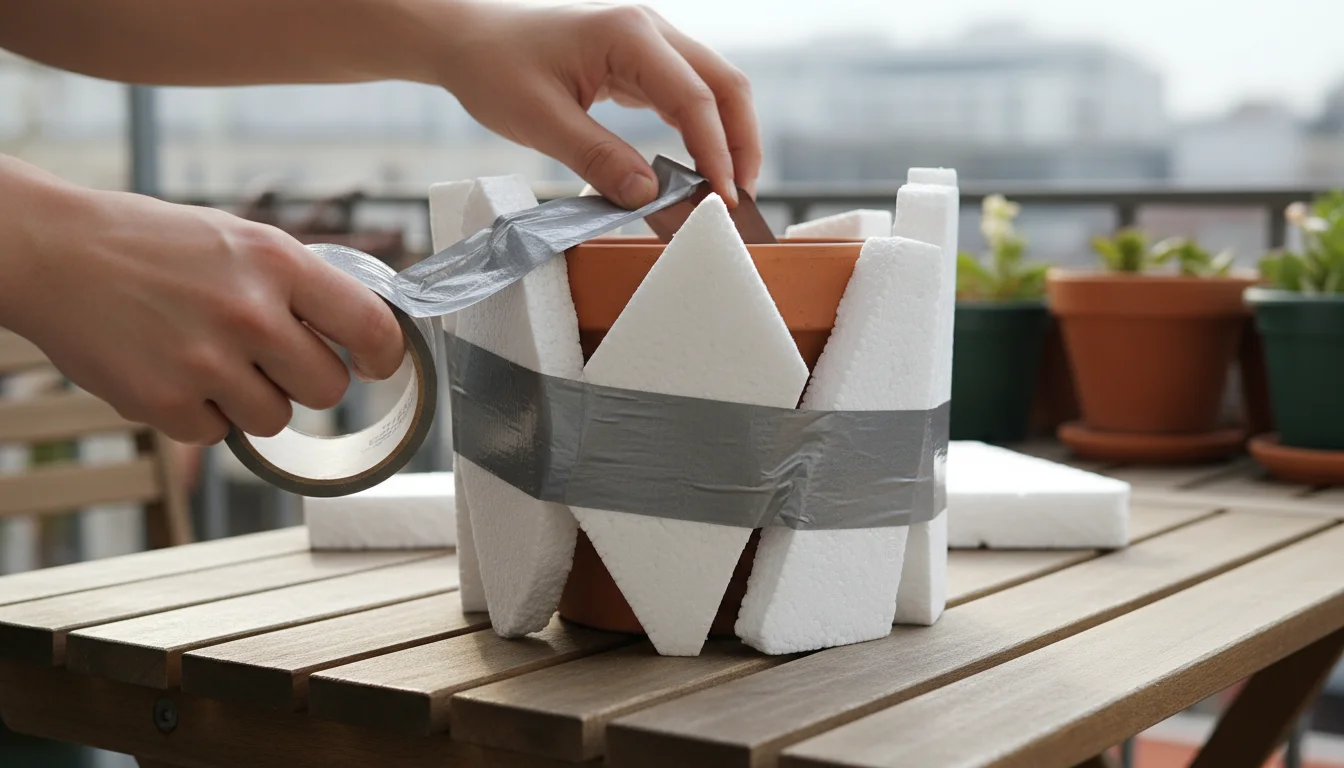 Hands secure repurposed Styrofoam packaging pieces around a terracotta pot with silver duct tape on a wooden balcony table.