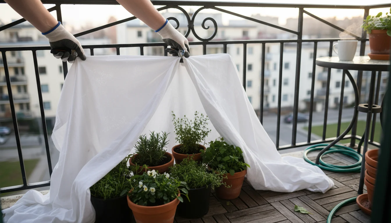 Hands secure a white sheet to a balcony railing with a spring clamp, covering potted plants, with bricks weighing down the bottom.