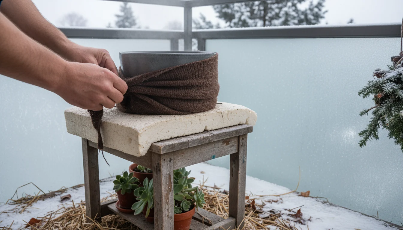Hands securing brown fabric insulation around a dark ceramic bird water basin on a balcony stool with foam underneath.
