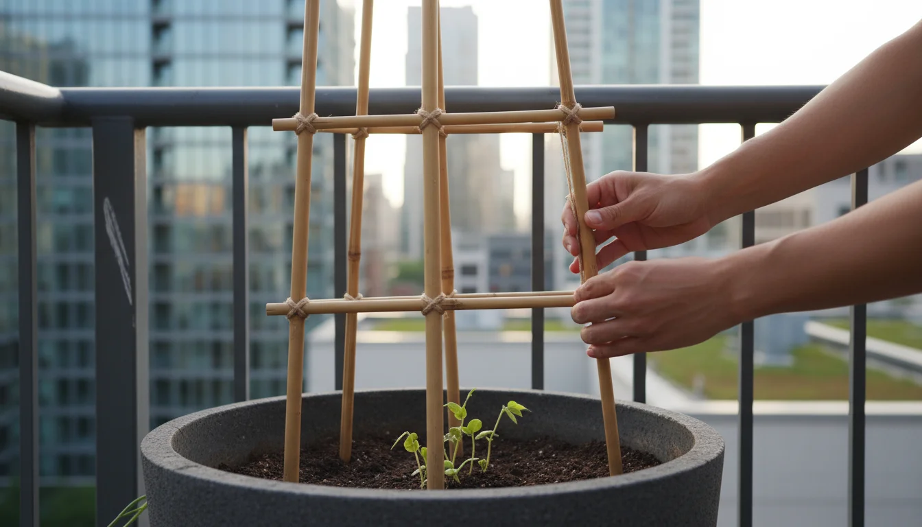 Hands securing a tall bamboo pole trellis to a balcony railing, anchored in a large container with small bean sprouts.