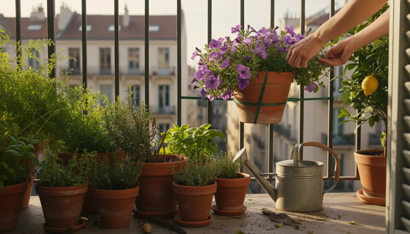 Hands securing a terracotta pot of purple petunias to a metal balcony railing with a green tie, surrounded by grouped smaller herb pots.