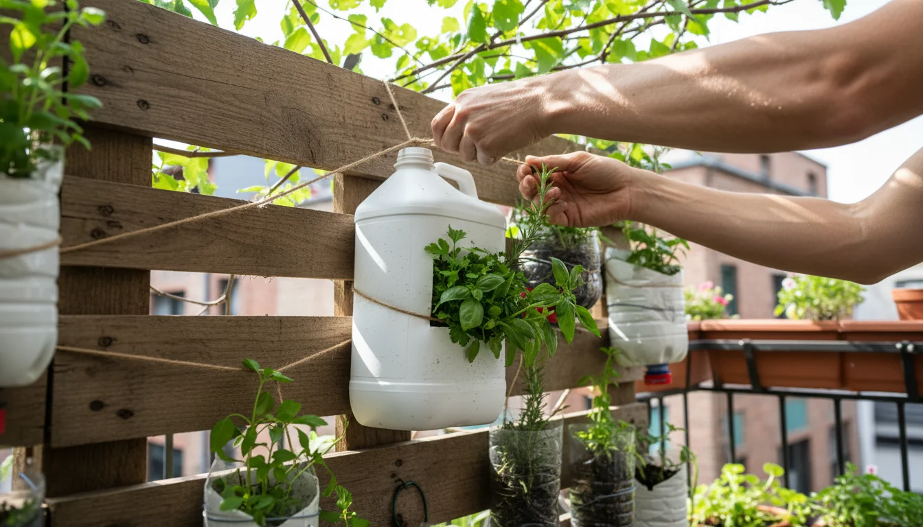Hands securing an upcycled milk jug planter filled with herbs to a wooden pallet vertical garden on a balcony.