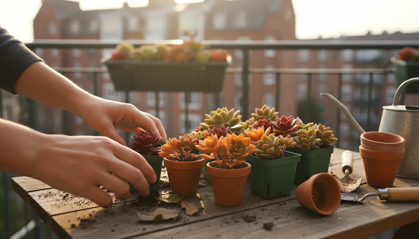 Hands selecting small, colorful autumn-toned succulents from an assortment on a wooden balcony table.