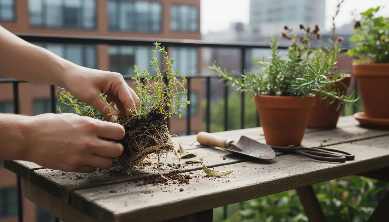Hands gently separate the root ball of a small herb on a wooden bench, with empty terracotta and ceramic pots nearby.