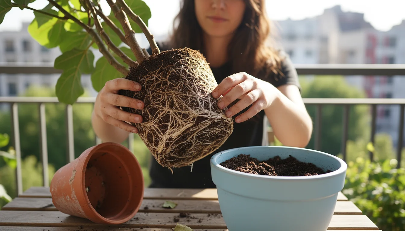 Hands gently separating the dense root ball of a plant removed from its old pot, with a larger, new pot waiting nearby.