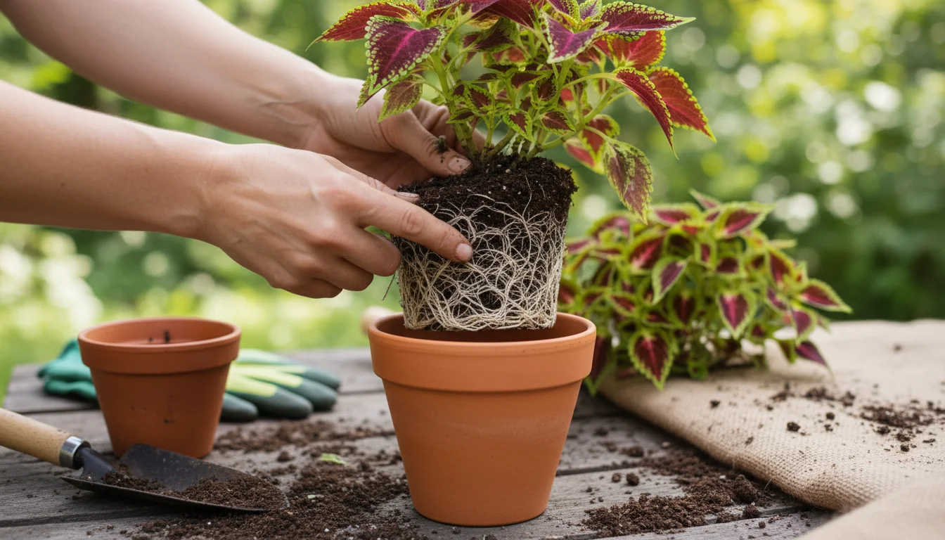 Hands gently separating the root-bound roots of a vibrant coleus plant above a new terracotta pot, on a balcony railing.