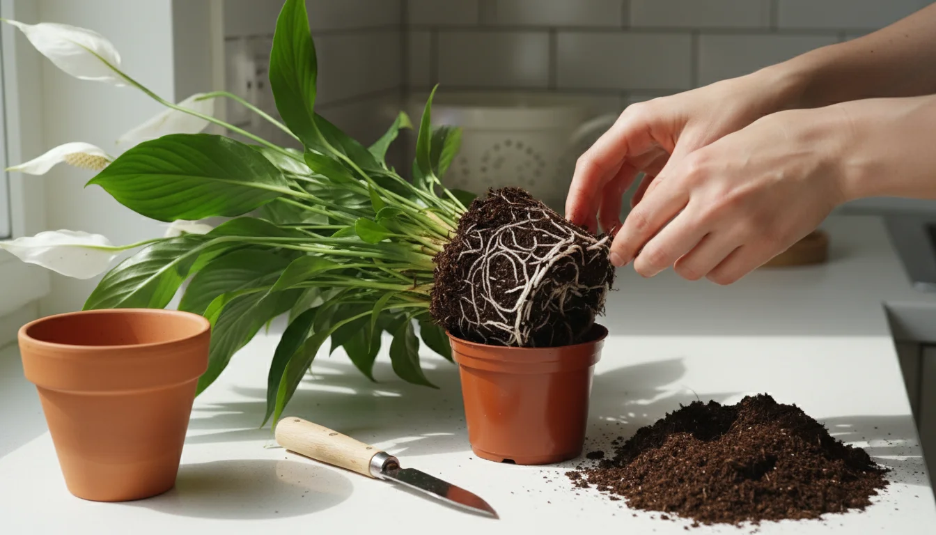 Hands gently separating the roots of a Peace Lily plant on a kitchen counter, with new potting mix and a small pot ready for division.