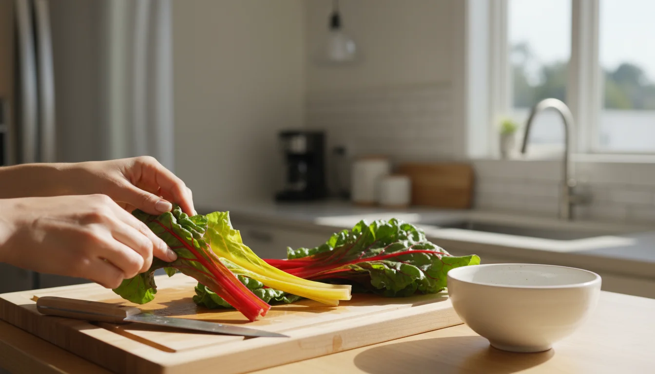 Hands separating vibrant Swiss chard leaves from their colorful stems on a wooden cutting board in a brightly lit kitchen.