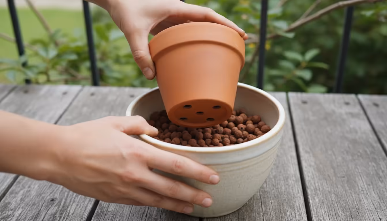 Hands setting up a DIY self-watering system with terracotta and ceramic pots, showing a visible reservoir layer of expanded clay pebbles.