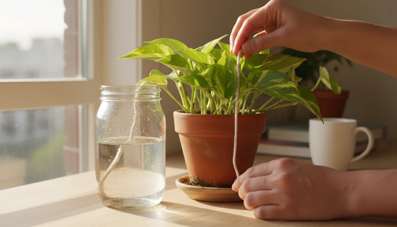 Hands setting up a DIY wick self-watering system for a Pothos plant in a terracotta pot on a kitchen counter, with a clear water reservoir and other r