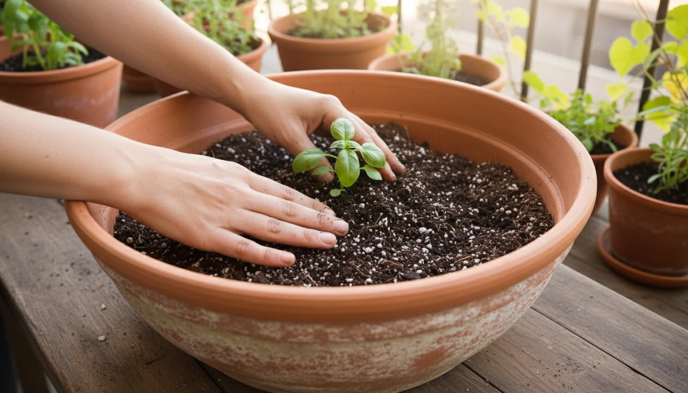 Hands gently settling a basil plant into a terracotta pot with amended soil, leaving space below the rim.