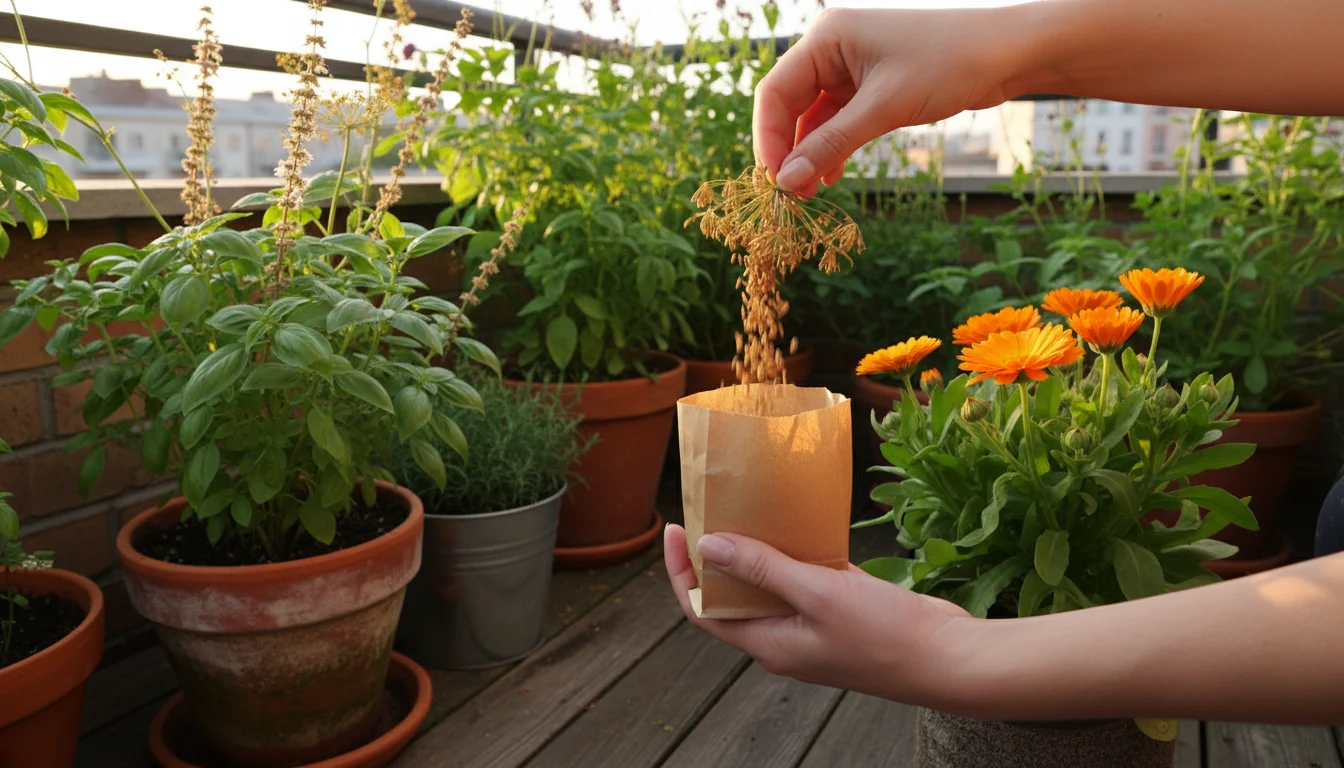 Hands gently shake dried dill seeds into a paper bag on a balcony among pots of basil and calendula ready for seed saving.
