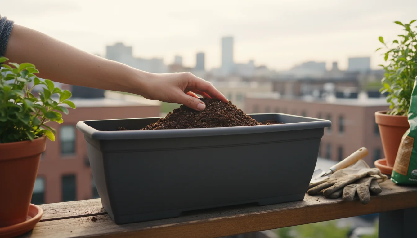 Hands gently shape a small, rounded mound of dark, airy potting mix in a sleek gray window box on a wooden railing.