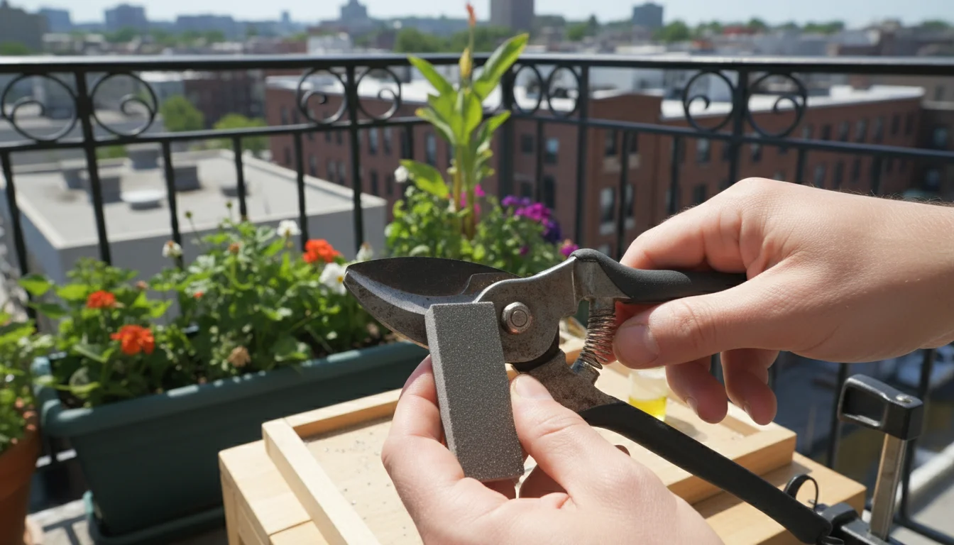 Hands carefully sharpening a pair of bypass garden pruners with a small stone on a wooden surface, with blurred container plants behind.