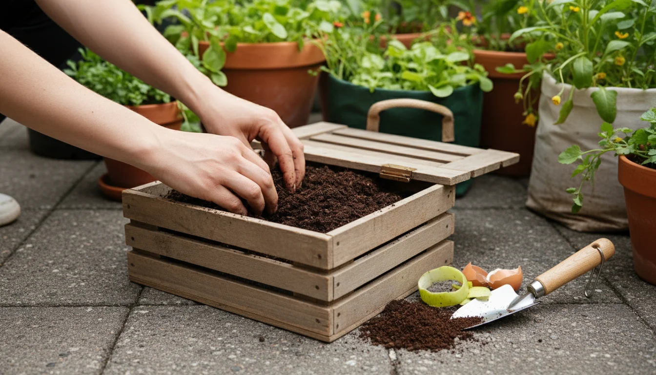Hands sift dark, earthy compost in a compact worm bin on an urban patio, with kitchen scraps nearby and container plants in the background.