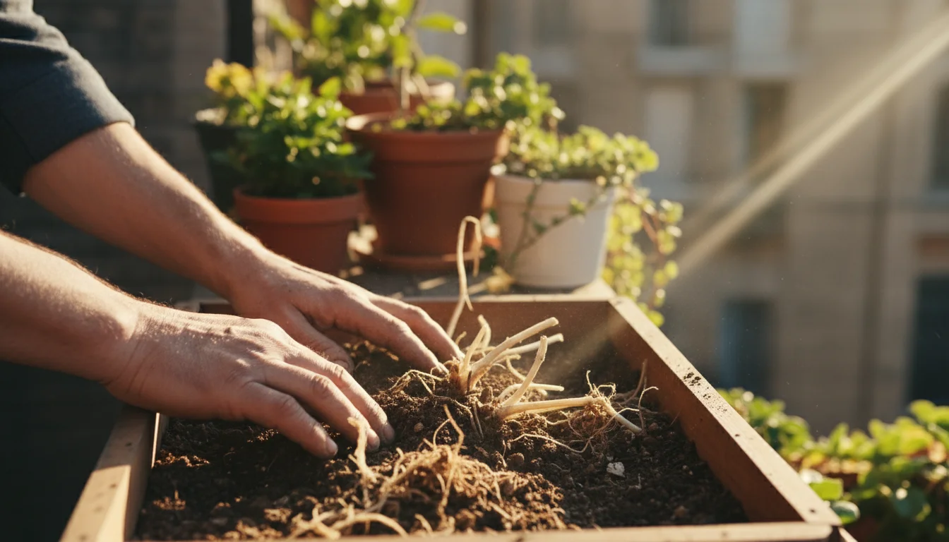 Hands gently sift through soil in a balcony planter box, with dried plant remnants visible.
