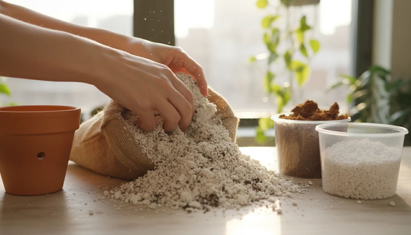 Hands sifting airy potting mix with perlite, next to coco coir, perlite, and an empty terracotta pot on a table.