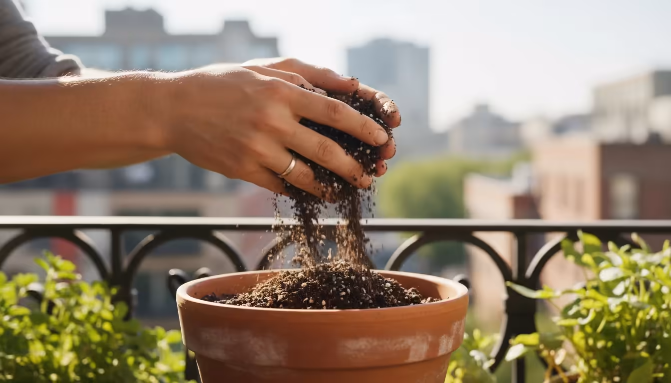 Close-up of hands gently sifting crumbly, dark potting mix with visible perlite into a terracotta pot on an urban balcony.