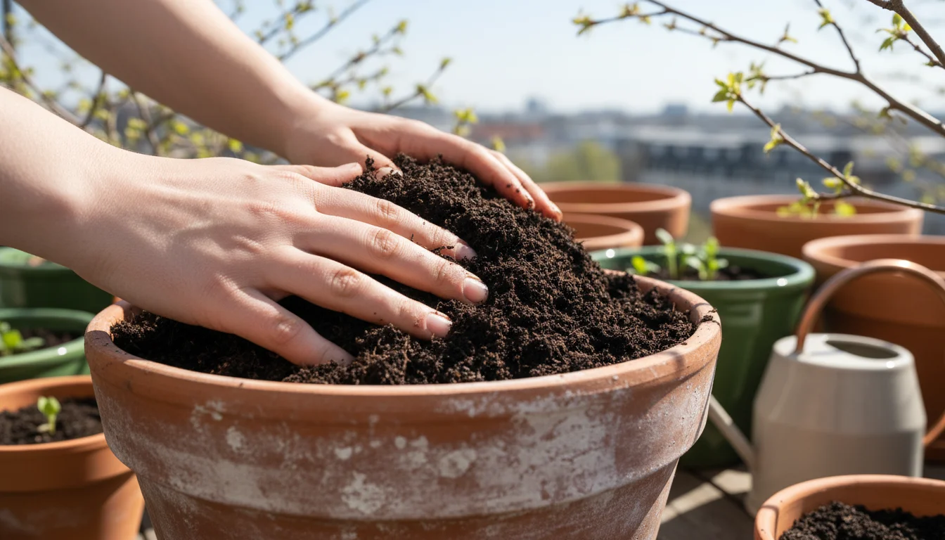 Hands gently sifting dark, crumbly soil in a terracotta pot on an urban balcony, showing improved texture.