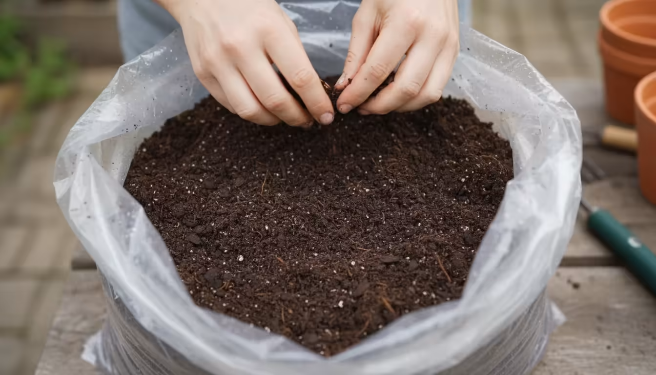 Hands gently sifting dark, damp potting mix inside a clear storage bag on a patio, checking for optimal moisture before sealing.