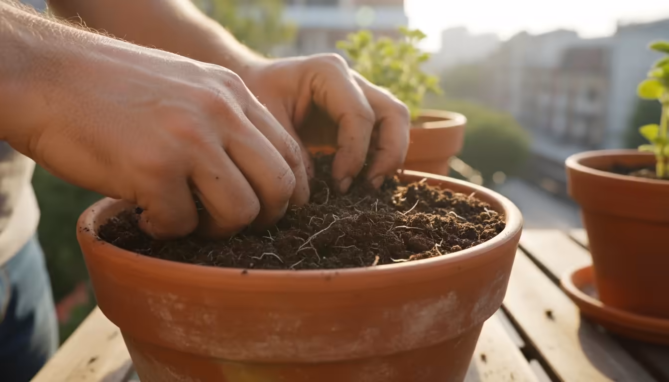 Close-up of hands gently sifting dark, friable potting mix with subtle, tiny roots visible in a terracotta pot on a sunny balcony.