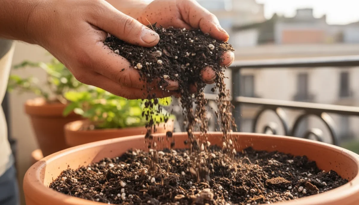 Close-up of hands sifting dark, moist potting mix from a terracotta pot, revealing its complex texture and organic components.