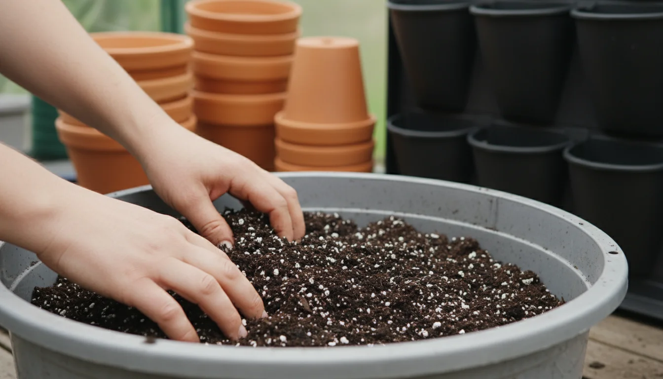 Close-up of hands sifting dark potting mix with visible perlite in a plastic tub, terracotta pots in background.